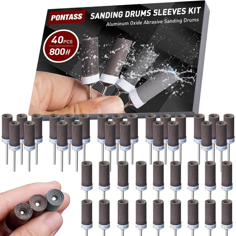 PONTASS 800 Grit 40 Pcs Sanding Drums for Dremel Rotary Tools Accessories, Sanding Bits Kit for Dremel Sanding Bands with 1/8 inch Shank, Sandpaper Sticks Set for Plastic Wood Metal Grinding Polishing - Image 1